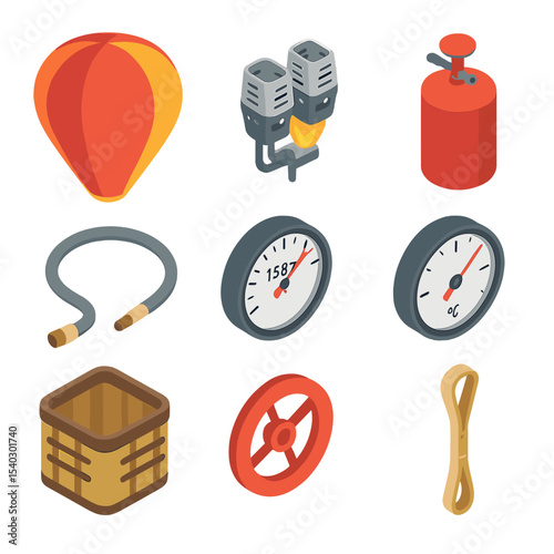 Hot Air Balloon Icons. Isometric Flat icon set of hot air balloon components: envelope, burner, fuel tank, basket, fuel hose,