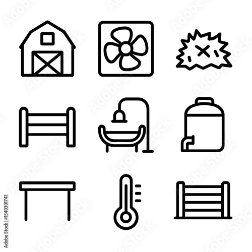 Housing Icon Set. Outline icon set of housing and environment: barn structure, ventilation fan, bedding straw, water trough, fence