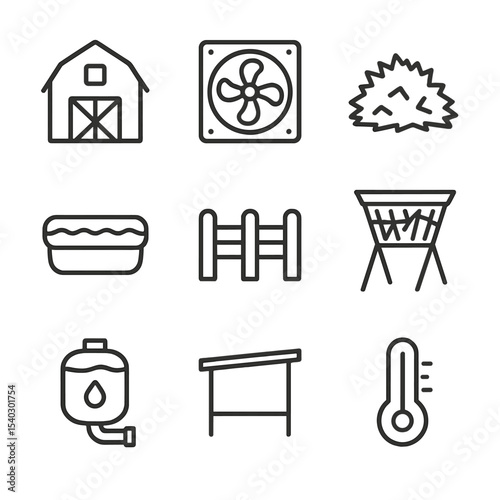 Housing Icon Set. Outline icon set of housing and environment: barn structure, ventilation fan, bedding straw, water trough, fence