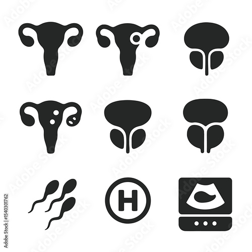 Reproductive Health Icons. Solid, filled icons set of reproductive organ health: healthy uterus, fibroid