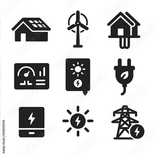 Renewable Energy Icons. Solid, filled icons set of renewable energy sources for buildings: rooftop solar,