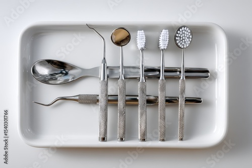 Dental instruments mirror scaler explorer toothbrush and spoon in a white tray