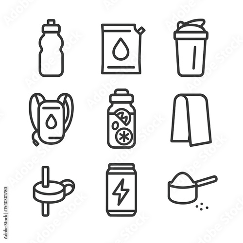 Hydration Essentials Icons. Outline icon set of hydration essentials: water bottle, electrolyte drink pouch, shaker bottle,
