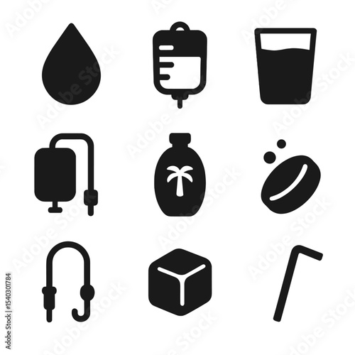 Hydration Icon Set. Solid, Filled icon set of hydration therapy: water droplet, IV bag, glass of water, hydration pack, coconut