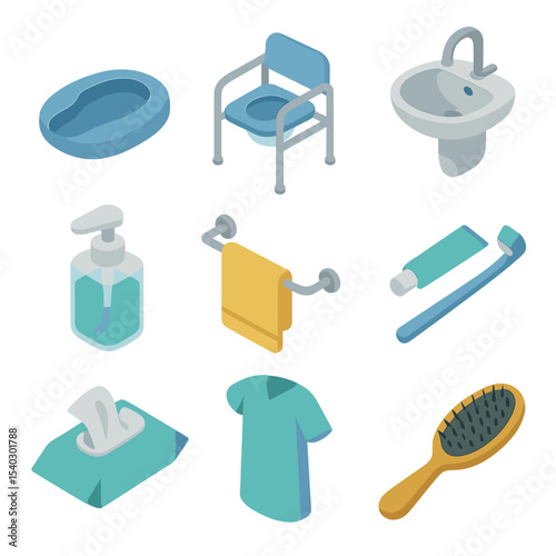 Hygiene Icon Set. Isometric Flat icon set of hygiene and personal care: bedpan, commode chair, wash basin, soap dispenser, towel