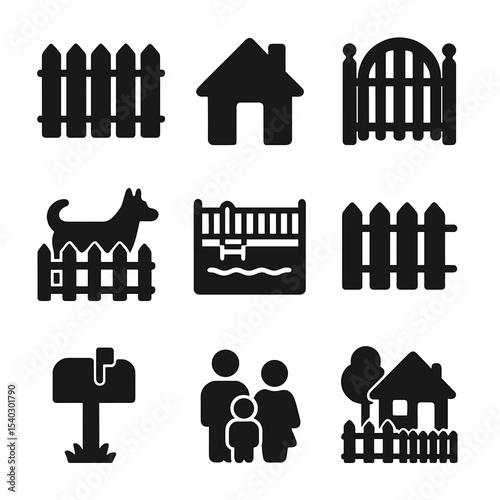 Residential Fencing Icons. Solid, filled icons set of residential fencing projects: backyard fence, house