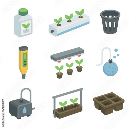 Hydroponic Icon Set. Isometric Flat icon set of hydroponic veggie systems: nutrient solution bottle, hydroponic channel, net pot,