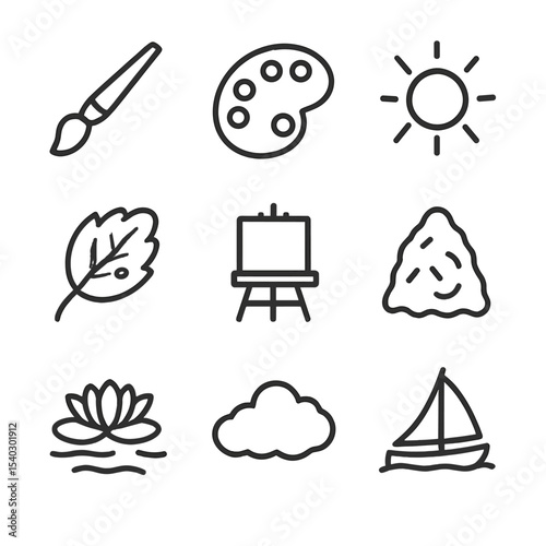 Impressionist Icon Set. Outline icon set of Impressionist painting style: paintbrush, pastel palette, sunlight beam, dappled leaf,