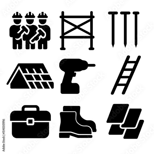 Roofing Tools Icons. Solid, filled icons set of roofing team at work: team of roofers, scaffold, roofing nails
