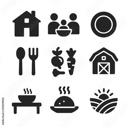 Rustic Family Meal Icons. Solid, filled icons set of rustic family meals: farmhouse, family dinner, plate icon