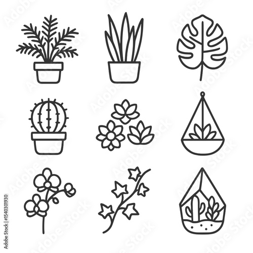 Indoor Plant Icon Set. Outline icon set of indoor greenery: potted fern, snake plant, monstera leaf, cactus pot, succulents
