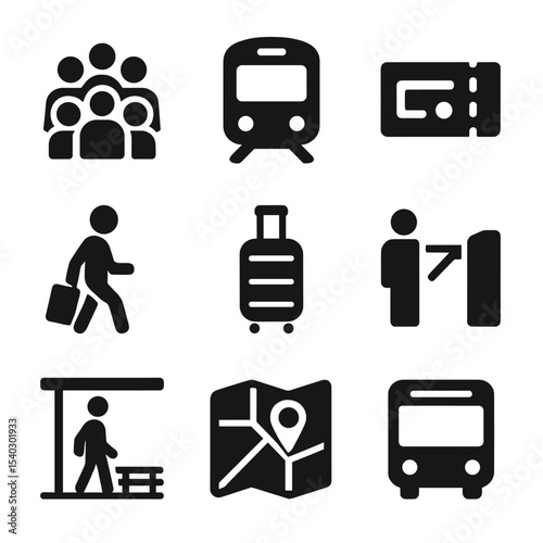 Rush Hour Icons. Solid, filled icons set of rush hour transit: busy crowd, train icon, ticket icon, commuter,