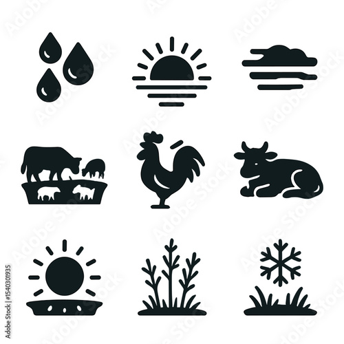 Rural Morning Icons. Solid, filled icons set of rural morning scenes: dew drops, sunrise icon, fog layer,