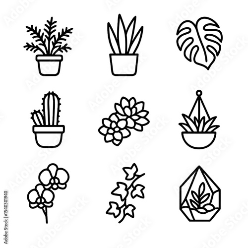 Indoor Plant Icon Set. Outline icon set of indoor greenery: potted fern, snake plant, monstera leaf, cactus pot, succulents