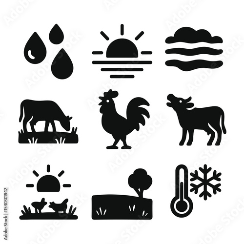 Rural Morning Icons. Solid, filled icons set of rural morning scenes: dew drops, sunrise icon, fog layer,