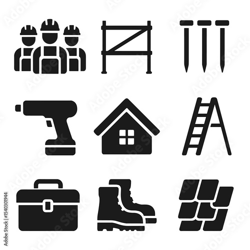 Roofing Tools Icons. Solid, filled icons set of roofing team at work: team of roofers, scaffold, roofing nails