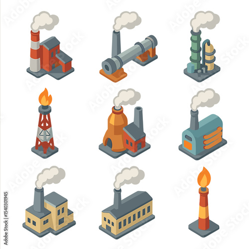 Industrial Emissions Icon Set. Isometric Flat icon set of industrial process emissions: steel mill with smokestack, cement kiln,