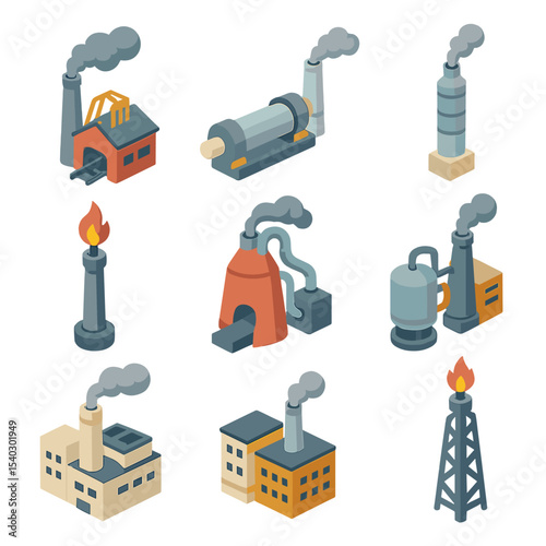Industrial Emissions Icon Set. Isometric Flat icon set of industrial process emissions: steel mill with smokestack, cement kiln,