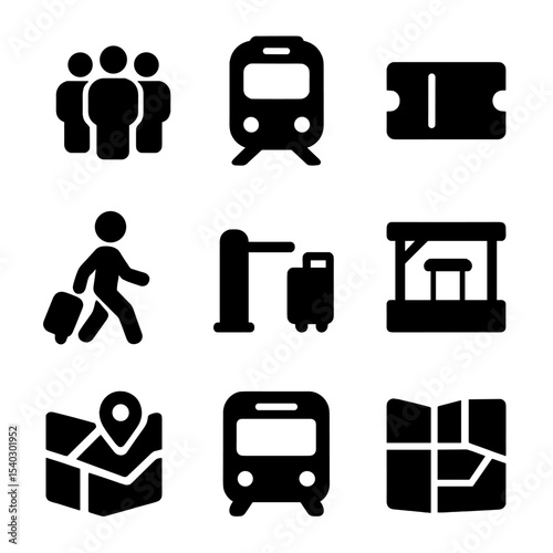 Rush Hour Icons. Solid, filled icons set of rush hour transit: busy crowd, train icon, ticket icon, commuter,