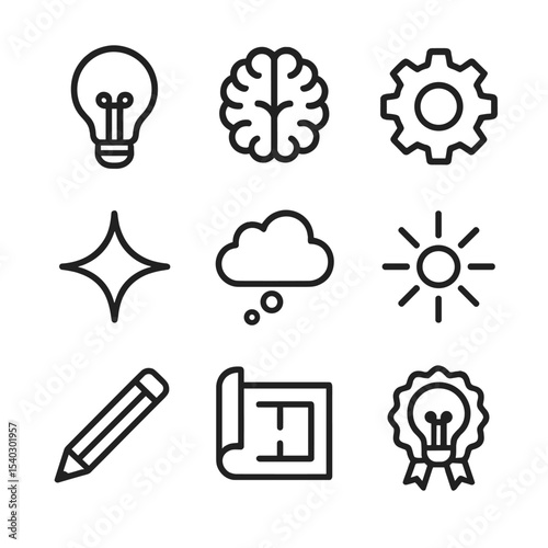 Innovation Icon Set. Outline icon set of idea and innovation: lit bulb, brain, gear, spark, thought cloud, light rays, pencil,