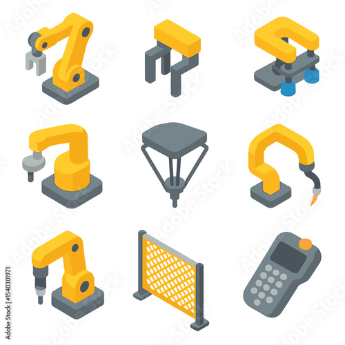 Industrial Robot Icons. Isometric Flat icon set of industrial robot arms and grippers: articulated robot arm, parallel gripper,