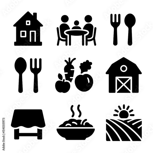 Rustic Family Meal Icons. Solid, filled icons set of rustic family meals: farmhouse, family dinner, plate icon