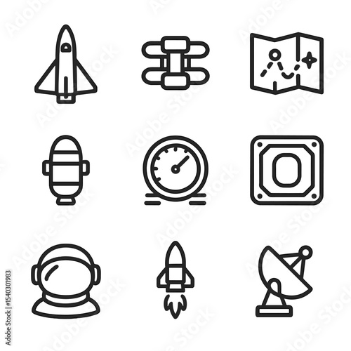 Interstellar Travel Icons. Outline icon set of interstellar travel: starship, warp engine, navigation map, light speed meter, fuel