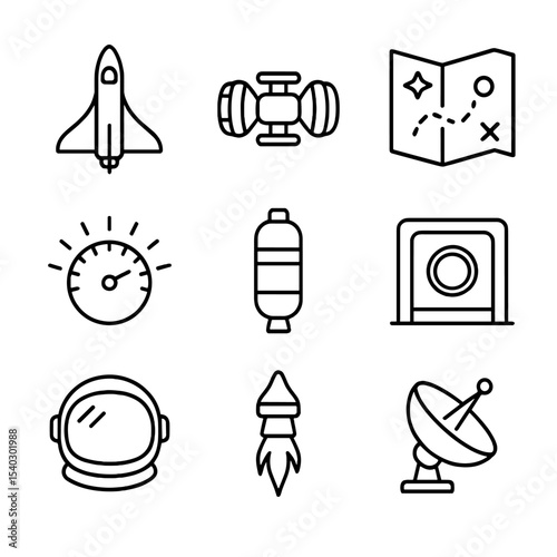 Interstellar Travel Icons. Outline icon set of interstellar travel: starship, warp engine, navigation map, light speed meter, fuel