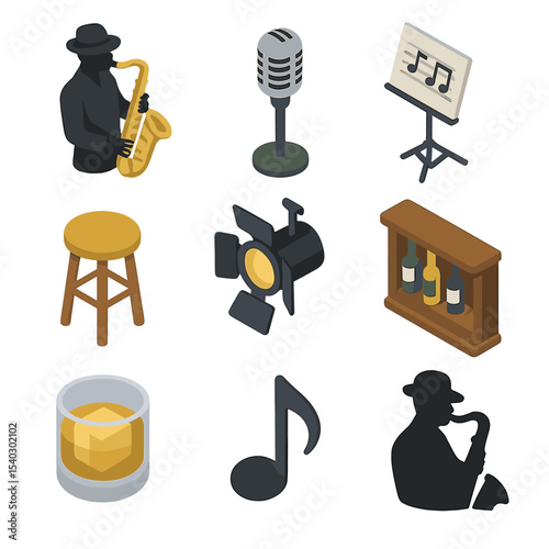 Jazz Icon Set. Isometric Flat icon set of jazz saxophonist performance: tenor saxophone, vintage microphone, sheet music stand,