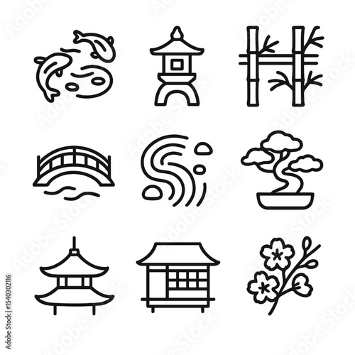 Japanese Garden Icons. Outline icon set of Japanese garden serenity: koi pond, stone lantern, bamboo fence, arched bridge, raked