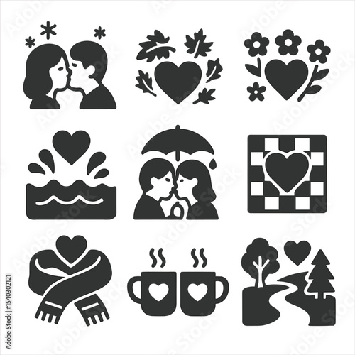 Seasonal Love Icons. Solid, filled icons set of love through seasons of travel: snow kiss, autumn leaves,