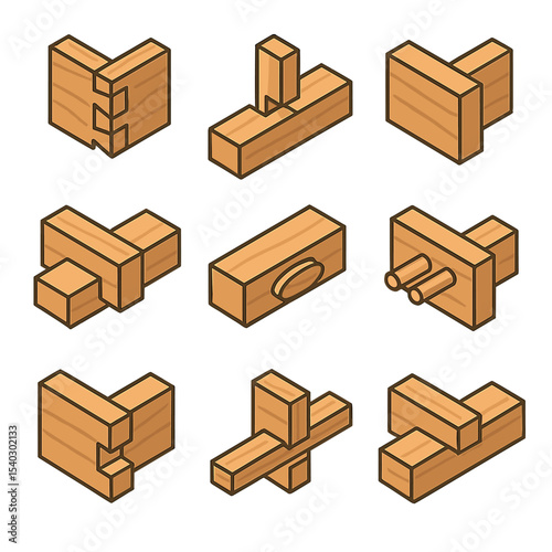 Joinery Techniques Icons. Isometric Flat icon set of common joinery techniques: dovetail joint, mortise and tenon, butt joint, lap