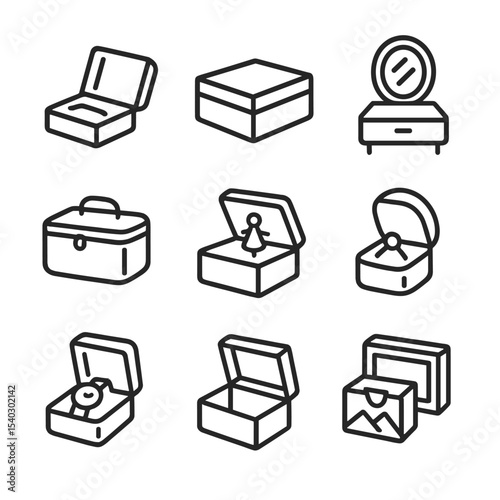 Jewelry Box Icons. Outline icon set of jewelry box styles: hinged box, lidded box, vanity box, travel case, music box, ring box,