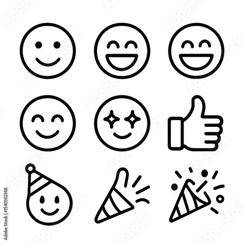 Joyful Emoji Icons. Outline icon set of joyful expressions: smiling face, laughing emoji, open mouth grin, closed eyes joy, rosy