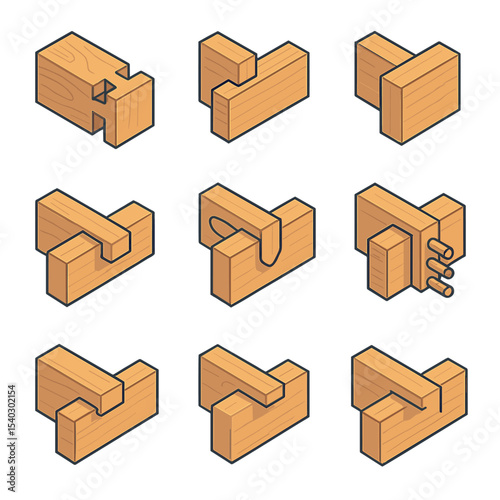 Joinery Techniques Icons. Isometric Flat icon set of common joinery techniques: dovetail joint, mortise and tenon, butt joint, lap