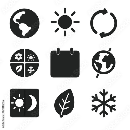 Seasonal Icons Grid. Solid, filled icons set of seasonal changes: Earth globe, sun icon, orbit arrows, season