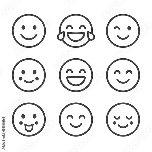 Joyful Faces Icons. Outline icon set of joyful facial expressions: smiling face, laughing with tears, winking eye, rosy cheeks,