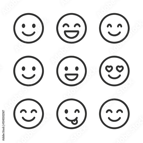 Joyful Faces Icons. Outline icon set of joyful facial expressions: smiling face, laughing with tears, winking eye, rosy cheeks,