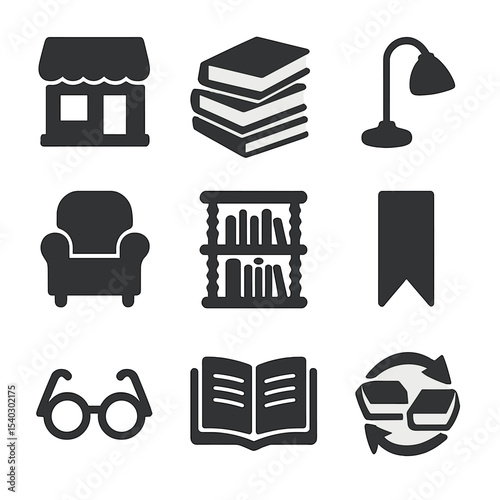Secondhand Book Market Icons. Solid, filled icons set of secondhand book market: used book store, stack of