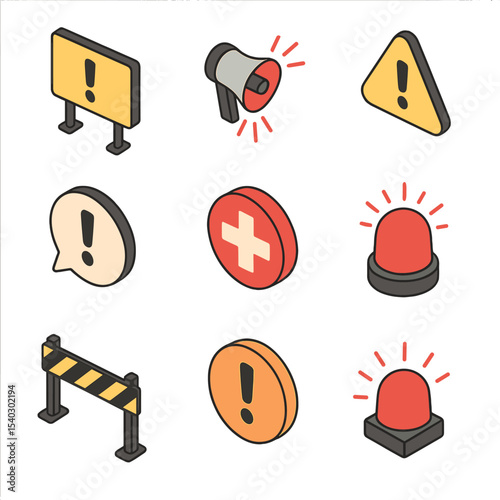 Judgment Day Icons. Isometric Flat icon set of Judgment Day warnings: billboard alert, siren horn, warning triangle, exclamation