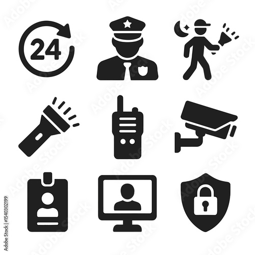 24_7 Security Icons. Solid, filled icons set of 24/7 security coverage: clock icon, guard icon, night patrol,