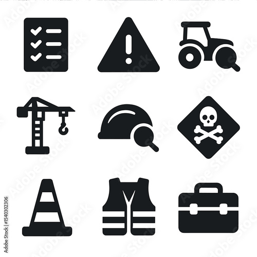 Site Safety Icons. Solid, filled icons set of site safety inspections: checklist, caution icon, machinery