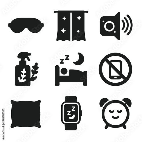 Sleep Hygiene Icons. Solid, filled icons set of sleep hygiene practices: sleep mask, blackout curtain, white