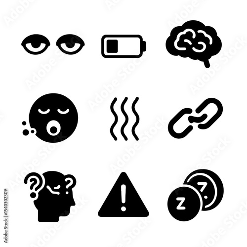 Sleep Deprivation Icons. Solid, filled icons set of effects of sleep deprivation: tired eyes, low battery,