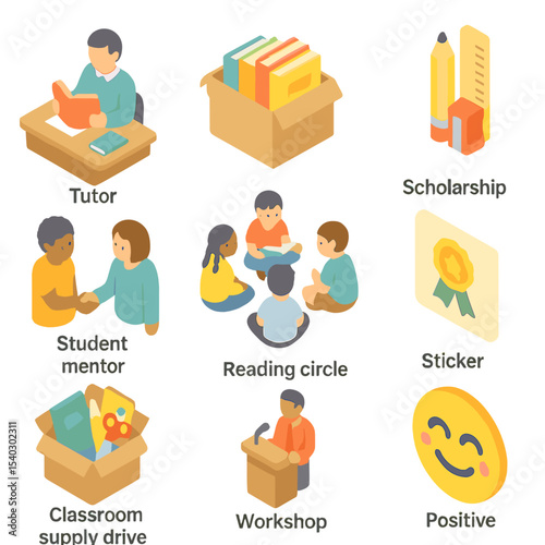 Kindness in Education Icons. Isometric Flat icon set of kindness in education: tutor desk, book donation box, school supplies