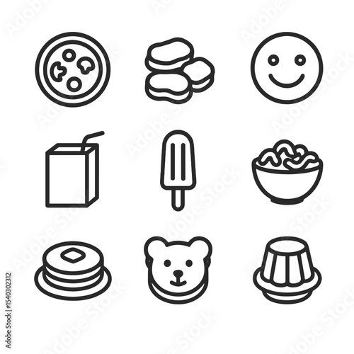 Kids Menu Icons. Outline icon set of kids menu: mini pizza, chicken nugget, smiley fries, juice box, ice pop, mac and cheese,