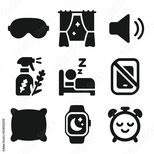 Sleep Hygiene Icons. Solid, filled icons set of sleep hygiene practices: sleep mask, blackout curtain, white