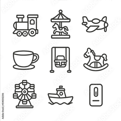 Kiddie Ride Icons. Outline icon set of kiddie rides: mini train engine, kiddie carousel, mini plane, teacup cup, toddler swing,