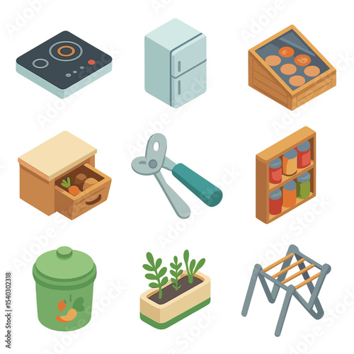 Kitchen Preservation Icons. Isometric Flat icon set of Kitchenette and Food Preservation: induction cooktop, compact refrigerator,