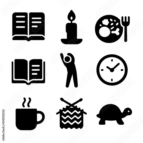 Slow Living Icons Grid. Solid, filled icons set of slow living routines: journal page, candlelight, homecooked